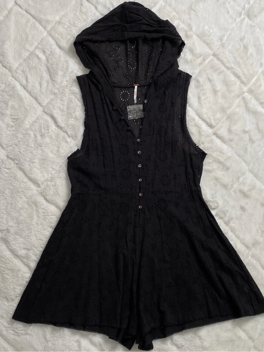 Free People XS Black Eyelet Sheer Hooded Short Romper Button Front Swim Cover Up